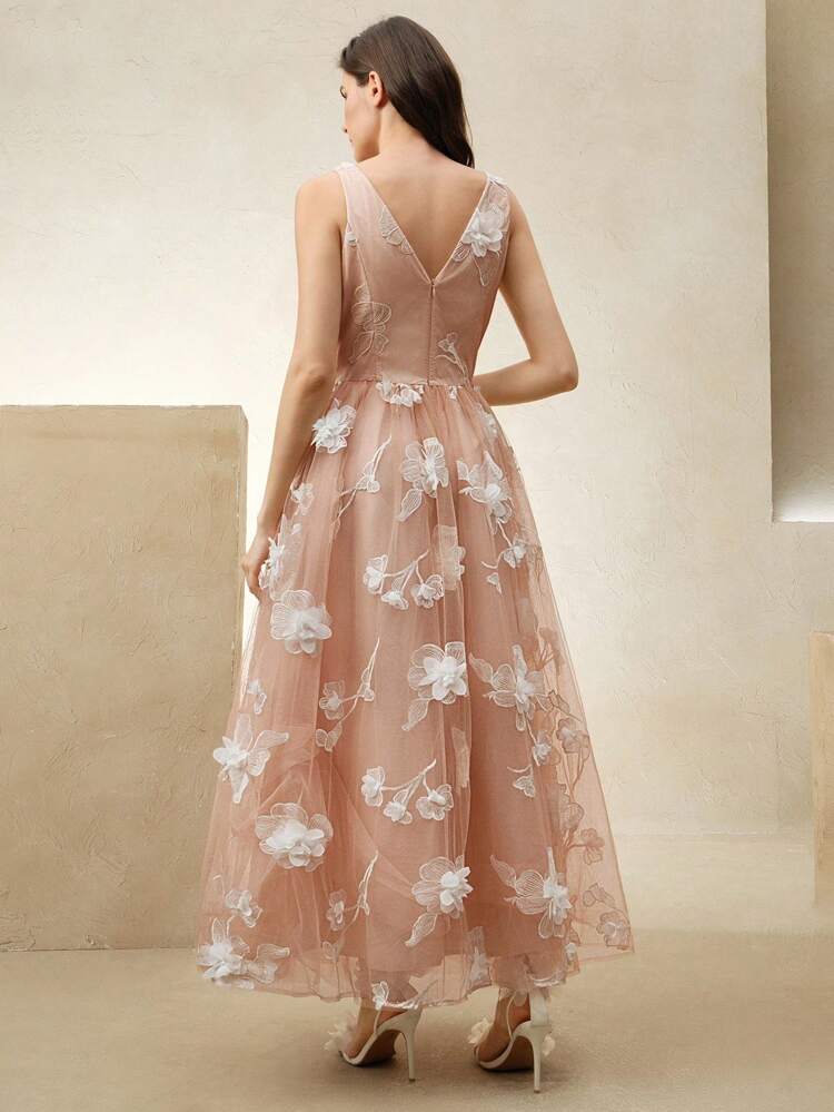 Elegant Fashion Holiday Deep V Neck Pearl Decor Chain Sleeveless Mesh Floral 3D Cinched Waist Maxi Dress, Suitable For Spring, Summer, Festival, Graduation