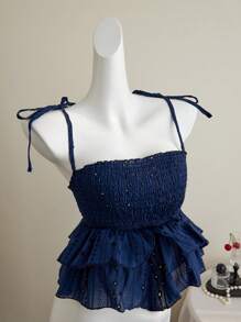 Elamini Embroidery Hollow Tie-Up Cute Solid Color Tank Top, Summer - Navy Blue - View 1