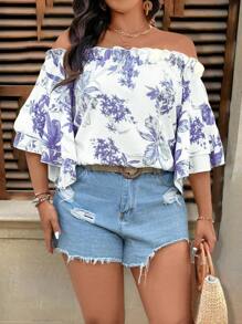 SHEIN LUNE Áo cánh rộng trễ vai in họa tiết hoa đi nghỉ mát cỡ lớn cho nữ - Màu tím - Xem 4