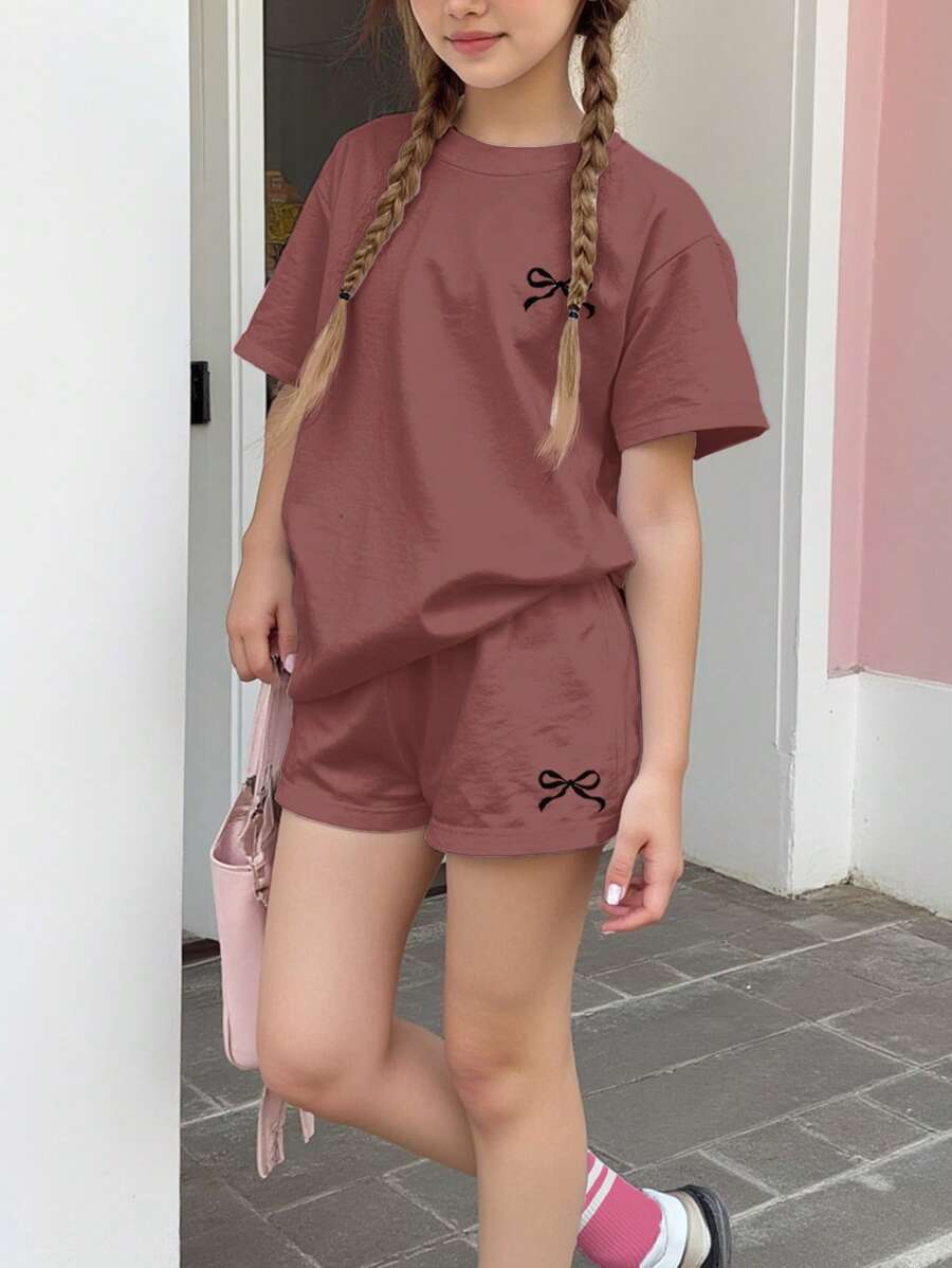 SHEIN Leap Crew 2pcs/Set Tween Girls' Casual Minimalist Style Short Sleeve Shorts Set, Suitable For Summer - Dusty Purple - View 1