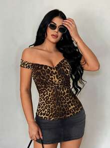 SHEIN SXY 女士豹纹露肩优雅衬衫 - 彩色 - 查看 4