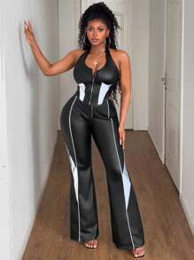 Maweii Plus Size Women PU 2 Pieces Set, Sexy Casual Stretchy Crop Top And Flared Pants - Black - View 5