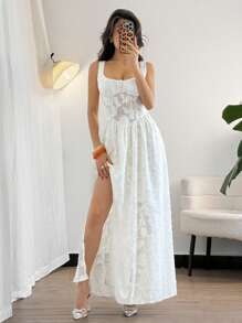 Firerie Romantic Date/Wedding/Holiday Sleeveless Square Neck Cinched Waist Flared Hem Lace Texture High Slit Dress, White & Beige, For Beach/Vacation Outfits, Airport Fashion - Apricot - View 7