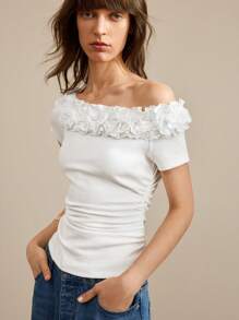 Ontre 女士白色夏季露肩T恤，毕业旅行简约单肩领荷叶边日常简约露肩T恤，音乐节 - 白色 - 查看 6