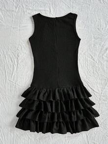 Soleia Women's Vacation Burgundy Round Neck Sleeveless Woven Patchwork Multi-Layer Ruffle Hem Jumpsuit Black Ruffle Dress Black Tiered Ruffle Dress Black Ruffle Mini Dress Casual Black Dress Black Sundress - Black - View 3