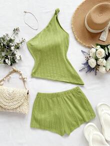 Soleia 2 Stücke/Set Damen Lässig einfarbiges asymmetrisches Top und Shorts Set, Urlaubsstil - Grün - Übersicht 1