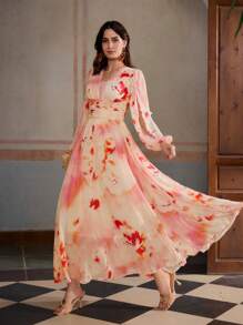 ZEYLAH Vestido largo de manga larga con cuello en V, cintura ceñida y degradado, con aplicaciones de encaje en estilo romántico para primavera/verano y vacaciones - Naranja - Ver 5