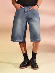 SUMWON 高腰阔腿牛仔短裤复古宽松溜冰风格百慕大长度宽松版型 Y2K 时尚春夏街头服饰 - 藍色 - 查看 1