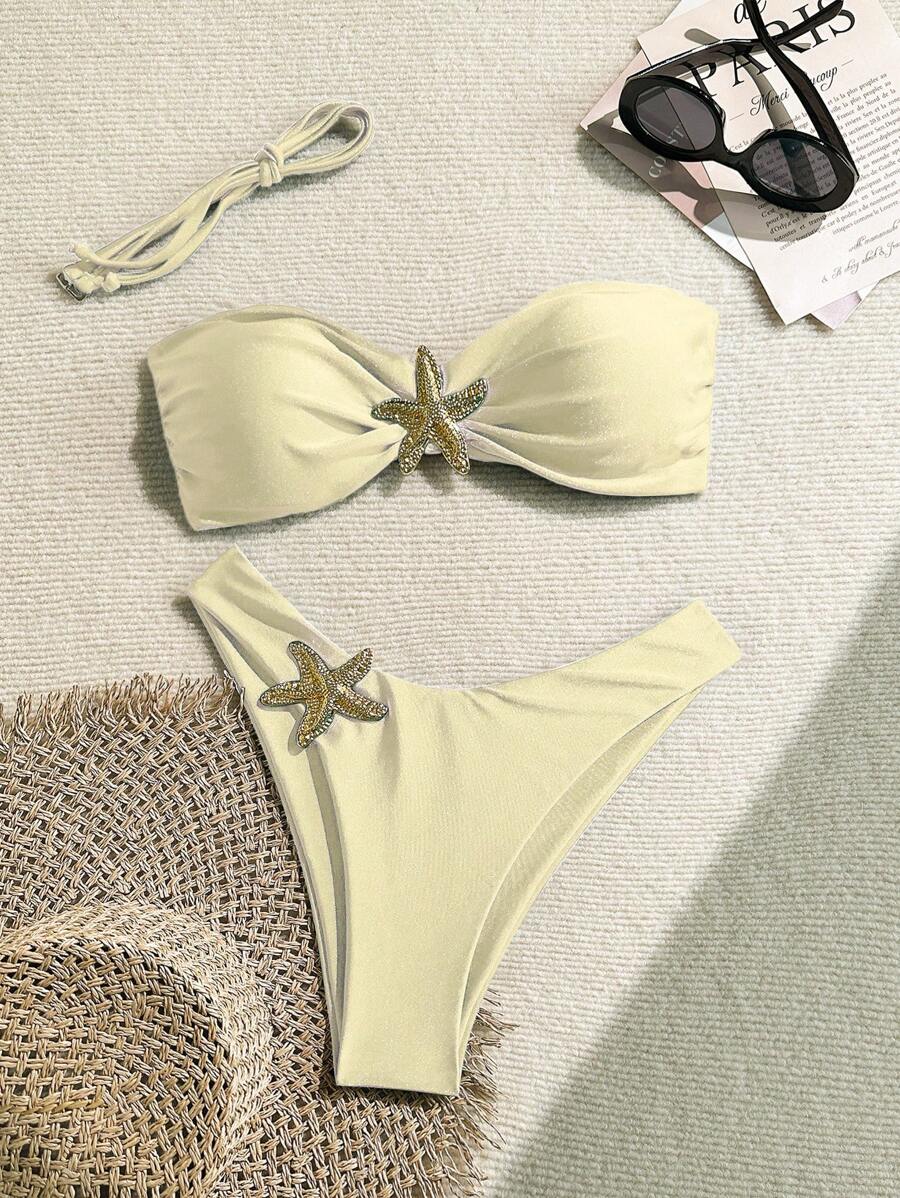 Swim Chiccia Bikini de 2 piezas con top bandeau de unicolor y metalizado y Bottom en forma de V para vacaciones de primavera