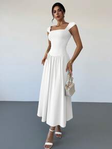 Firerie Đầm Maxi Chữ A Cổ Vuông Không Tay Thắt Nơ Thanh Lịch, Rũ Nếp, Màu Mơ, Thích Hợp Cho Buổi Hẹn Hò Hàng Ngày, Mùa Xuân/Hè - trắng - Xem 3