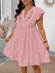 SHEIN Clasi Plus Size V-Neck Floral Embroidered Ruffle Hem Babydoll Swing Dress - Pink - View 3