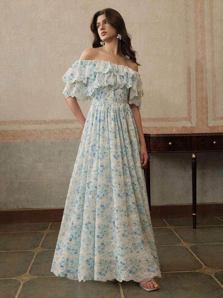 Women's Floral Embroidery Ruffles Off Shoulder Elegant Slimming Spring Summer Dress, Suitable For Vacation, Festival, Graduation