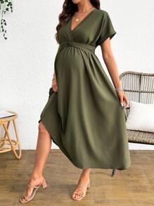 Cheriluna Maternity Maternity V-Neck Twist Wrap Short Sleeve Solid Color Dress - Army Green - View 3