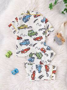 2pcs Young Boy Cute Dinosaur Print Short Sleeve Cardigan And Pants Loungewear Set, Casual And Comfortable - Apricot - View 2