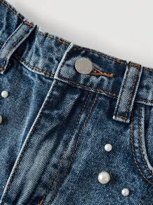 SHEIN Girlism Tween Girl Elegant Washed Distressed Denim Jeans Shorts With Pocket Insert, Faux Pearl, And Frayed Hem, For Spring And Summer Vacation Beach Boho Concert Rave Festival - Medium Wash - View 3