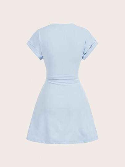 SHEIN BASICS Đầm mini dệt kim màu trơn cổ tròn tay ngắn dây rút bên hông cho nữ