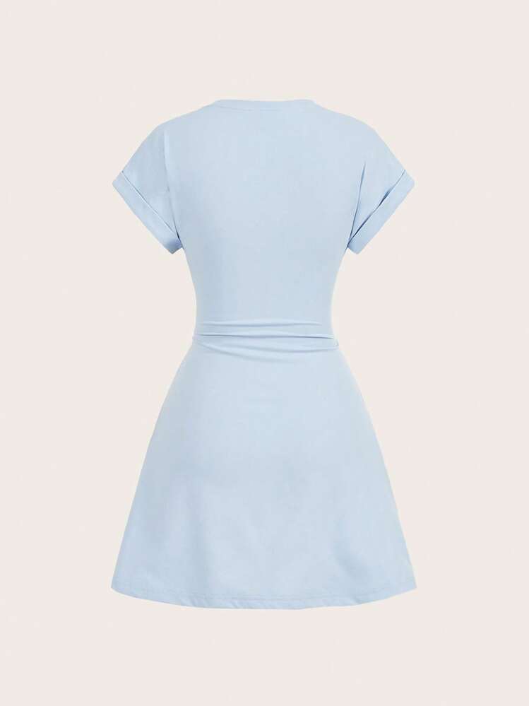 SHEIN BASICS 女士休闲纯色针织圆领短袖侧抽绳迷你连衣裙 - 藍色 - 查看 2