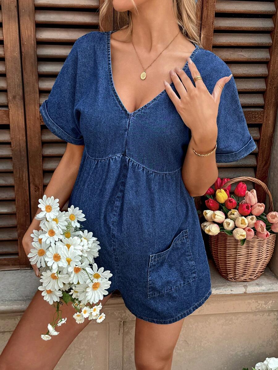 SHEIN 孕妇蓝色牛仔短袖V领连体衣