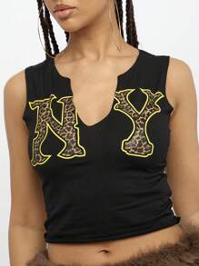 SUMWON WOMEN 豹纹无袖背心，缺口领口，纽约标志，都市街头风格，短款，动物图案