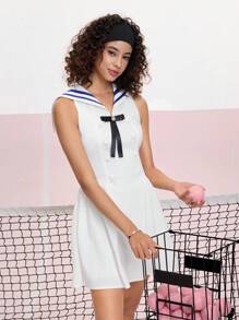 SHEIN MOD White Peter Pan Collar Bowknot Decor A-Line Dress - White - View 5