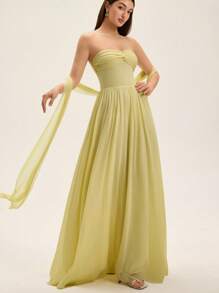 GENKIRA Twist Decor 抹胸长款雪纺荷叶边连衣裙 - 黃色 - 查看 3