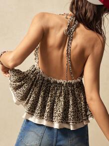 Bohemela Camisa de mujer sin espalda con estampado de leopardo tejido - Marrón - Ver 2