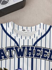 Batwheels X SHEIN Young Boy Round Neck Short Sleeve Summer Casual Contrast Sleeve, Striped English Letter College Sports Baseball Jersey Pattern T-Shirt - White - View 3