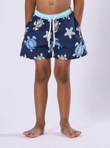 SUMWON Bóxer de natación para niños con estampado de tortuga marina y océano para vacaciones de playa y verano, traje de baño infantil con cordón y cintura elástica