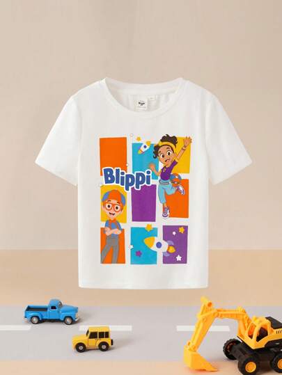 Blippi X SHEIN Young Boy Colorful Cartoon Graphic Knitted Crew Neck Long Sleeve T-Shirt