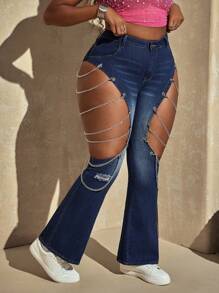 SHEIN ICON Plus Size Women's Blue Metal Chain Decor Hollow Summer Denim Jeans - Dark Wash - View 4
