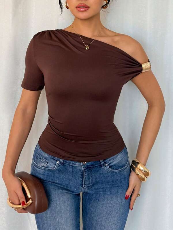 Islaluna Fashion Skinny Asymmetric Slant Shoulder Leader Metal Decorative Button Knit Coffee Brown Spring Summer Women's Tops Asymmetric Slant Shoulder Collar Tops Summer Tops