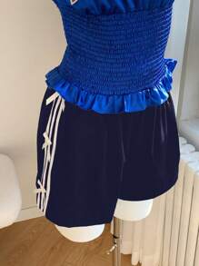 Comfortcana Navy Blue Casual Women's Shorts With Side White Stripe And Bow Detail, Summer,Flowy Shorts