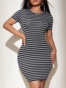 SHEIN SXY Striped Crew Neck Bodycon Dress - Black and White - View 1