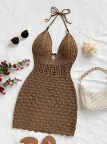 Soleia Sexy, tailliertes Midikleid mit V-Ausschnitt und Ausschnitt und Perlen, rückenfreies Strickkleid aus Spaghettiträgern für Strandurlaub, Dates, Nachmittagstee, Feiertage und Musikfestivals. Boho