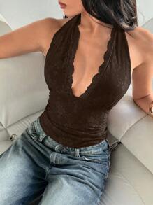 Aloruh 女士纯色蕾丝拼接露背性感吊带背心 - 棕色 - 查看 6