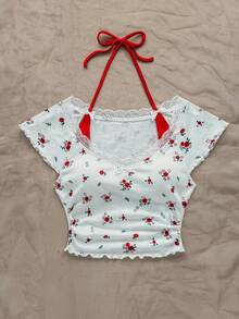 Soleia T-shirt casual d'été style ballerine femme 2 en 1 avec col, garniture de dentelle à fleurs blanches et rouges vintage et décoration nœud contrastante - Rouge et Blanc - Voir 4