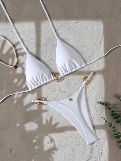 Swim Vcay 女士新款时尚纯色露背金属装饰性感三角白色比基尼套装，适合夏季海滩