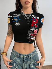 SHEIN EZwear Áo thể thao thường ngày có họa tiết chữ R, áo thun ngắn tay cổ tròn bó sát, phù hợp cho mùa hè - Nhiều màu - Xem 5