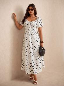 Elaquor 女式加大码波尔卡圆点印花翻领设计休闲日常连衣裙，时尚宽松加大码背景褶皱设计 - 米色 - 查看 4