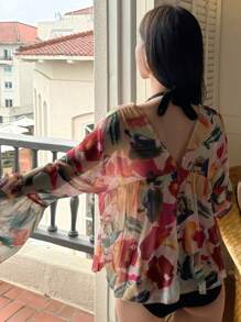 DAZY 喇叭袖宽松雪纺沙滩度假罩衫，时尚轻盈印花夏季花卉罩衫 - 彩色 - 查看 2