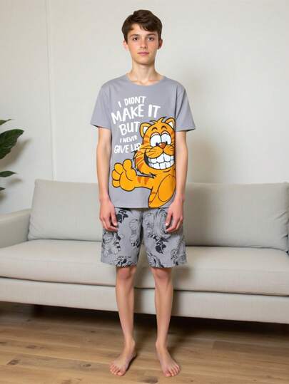 2pcs/Set Teenage Boys Gray Base Tiger Pattern Print Short Sleeve Top & Shorts Casual Loungewear Set