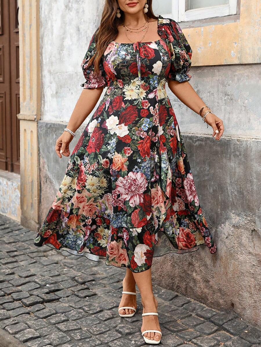 SHEIN VCAY Große Größen Damen Vintage romantischer Blume Muster Quadratausschnitt Puffärmel Rüschensaum Seitenschlitz Prinzessin Maxikleid, Sommer Resort Maxikleid