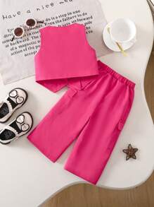 Babygirl Casual Pink Simple Top & Wide Leg Pants Suit Set - Pink - View 2