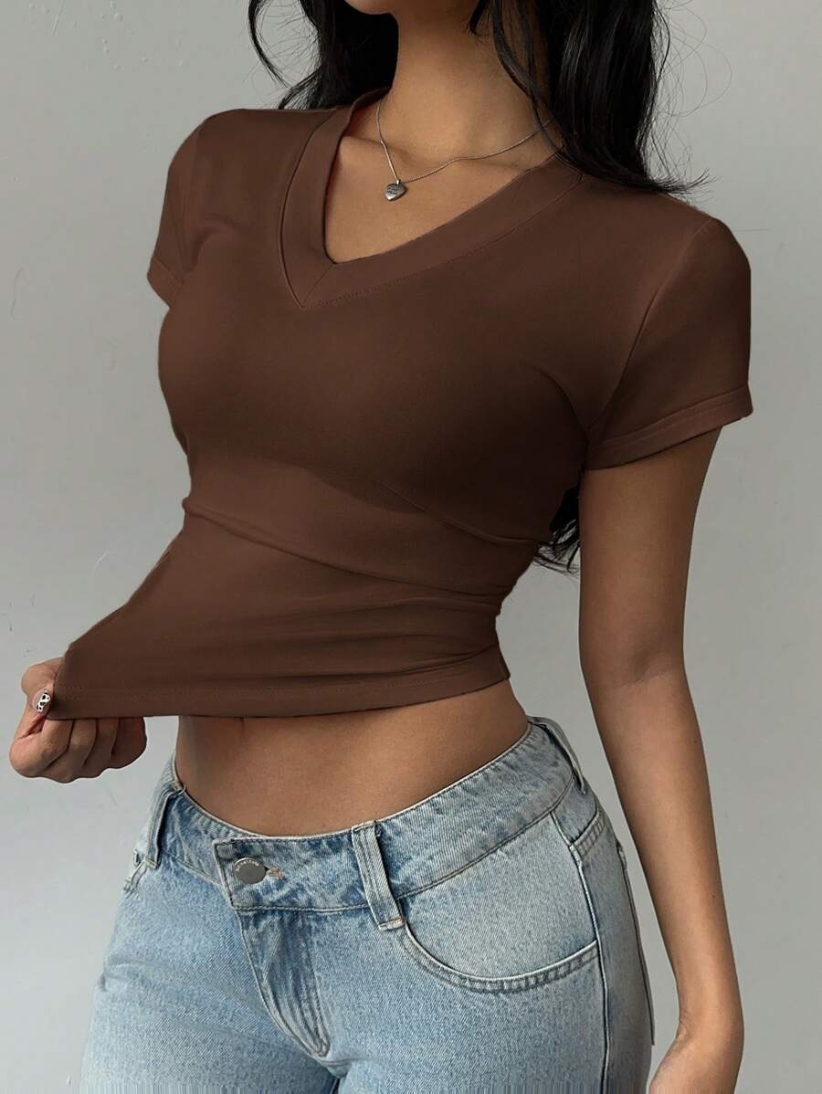 SHEIN BASICS Áo thun nữ tay ngắn cổ chữ V màu trơn đơn giản - màu nâu - Xem 1