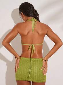 SHEIN BAE 2 Pieces Of Spring And Summer Crochet Draped Blouse And Low Waist Culottes Suitable For Island Vacation Outfits, Honeymoon Outfits Woman, Pool Party Outfit Vacation Outfits Woman Two Pieces Summer Set - Green - View 2