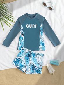 Young Boy2pcs Swimwear Set With Printed Top And Random Print Shorts, Charcoal Blue Color