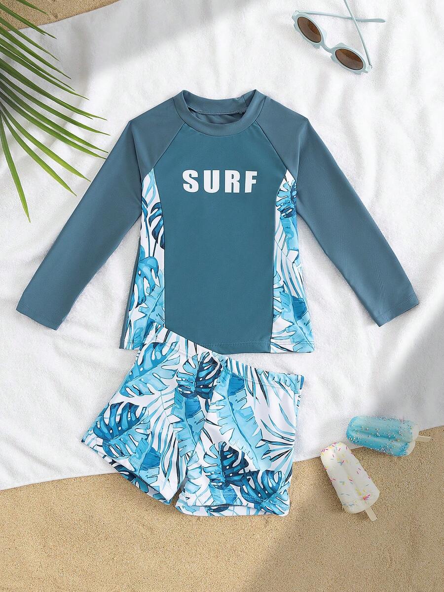 Young Boy2pcs Swimwear Set With Printed Top And Random Print Shorts, Charcoal Blue Color