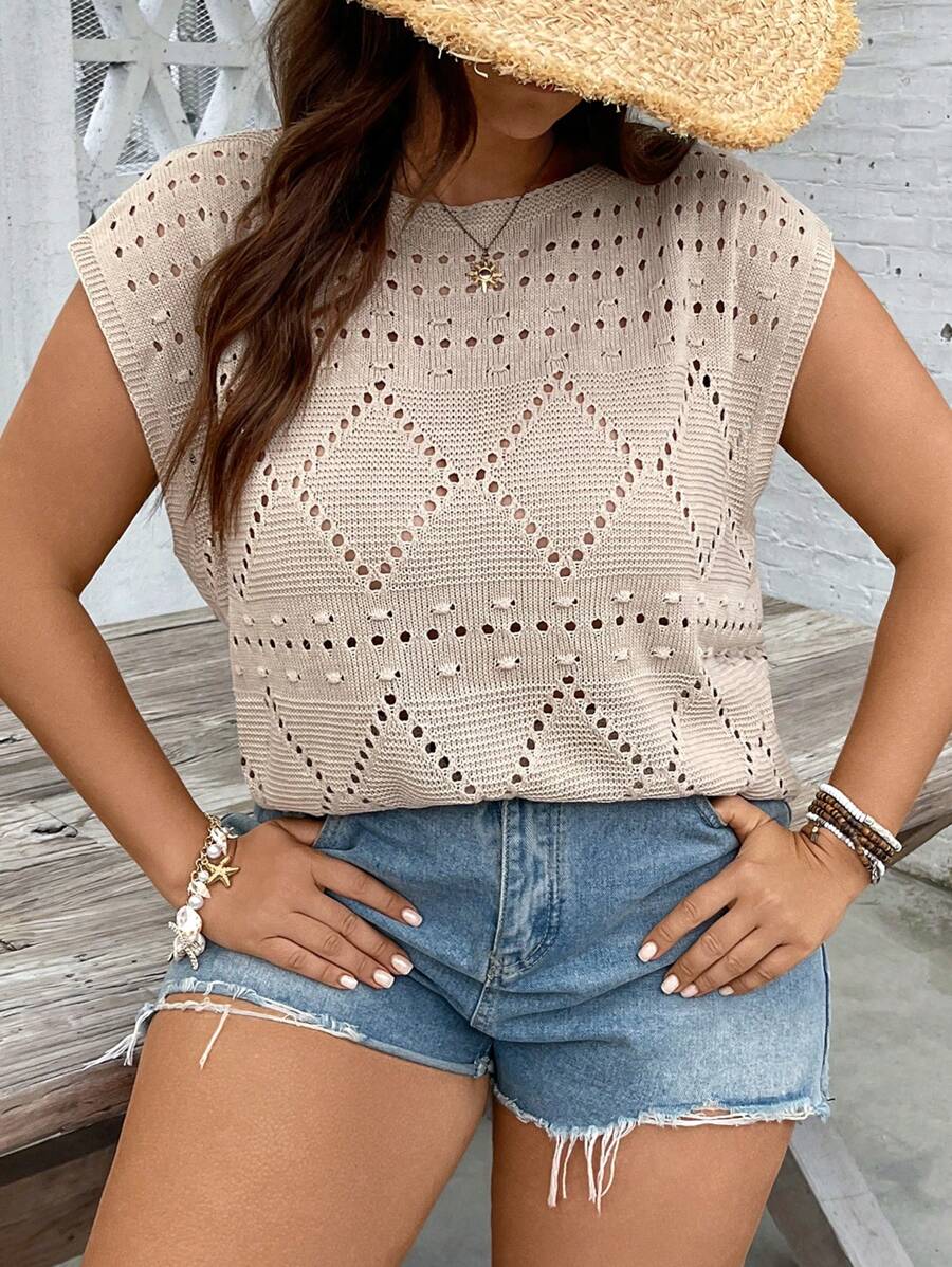 SHEIN VCAY Plus Size Women Summer Short Sleeve Crochet Knit Top 2025, Openwork Cropped Casual Island Vacation Honeymoon Vacation Beach Western Boho Rave Festival Summer Graduation