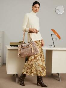 SHECARRY 女士时尚蓬松拼布通勤手提包，新款毛皮钱包