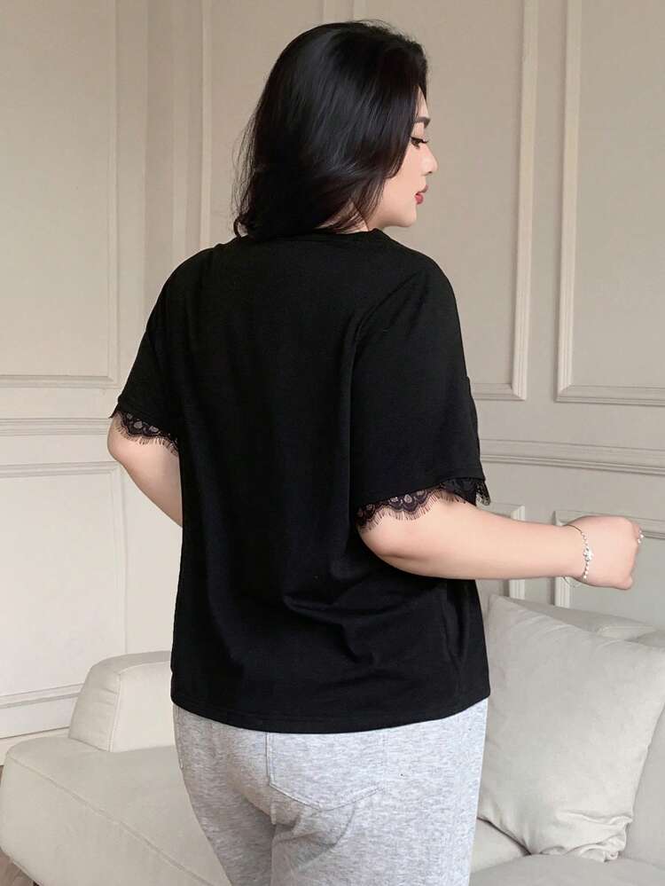 Dazy Plus Plus Size Plain Crew Neck Lace Splice Loose Black Short Sleeve T-Shirt Casual Tops For Women Preppy Tops